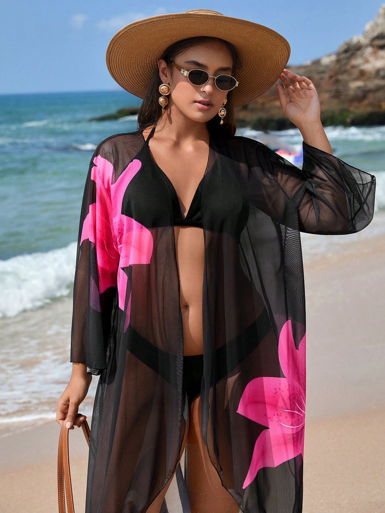 Swim Vcay Plus Size Women Floral Loose Kimono Cardigan, Suitable For Beach Vacation And Vacation Light Blue Summer