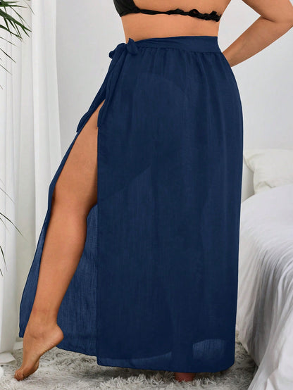 Swim Vcay Plus Size Women's Bowknot Casual Vacation Swimsuit Cover-Up And Sarong Set For Summer
