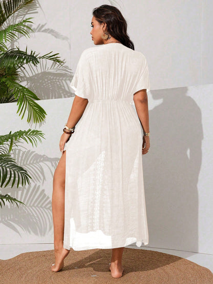 Swim Vcay Plus Size Women's Casual Vacation Beach Dress With Side Slit And Lace Patchwork