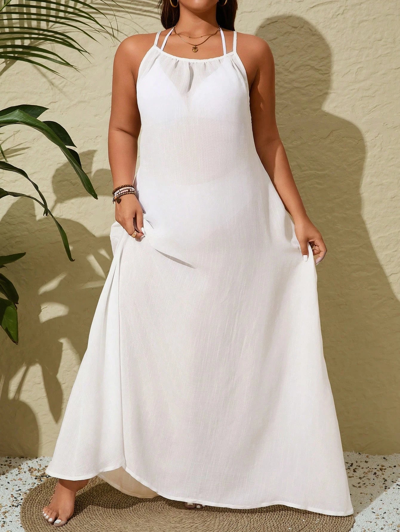 Swim Vcay Plus Size Women Solid Color Casual Long Maxi Sleeveless Coverup Dress Summer