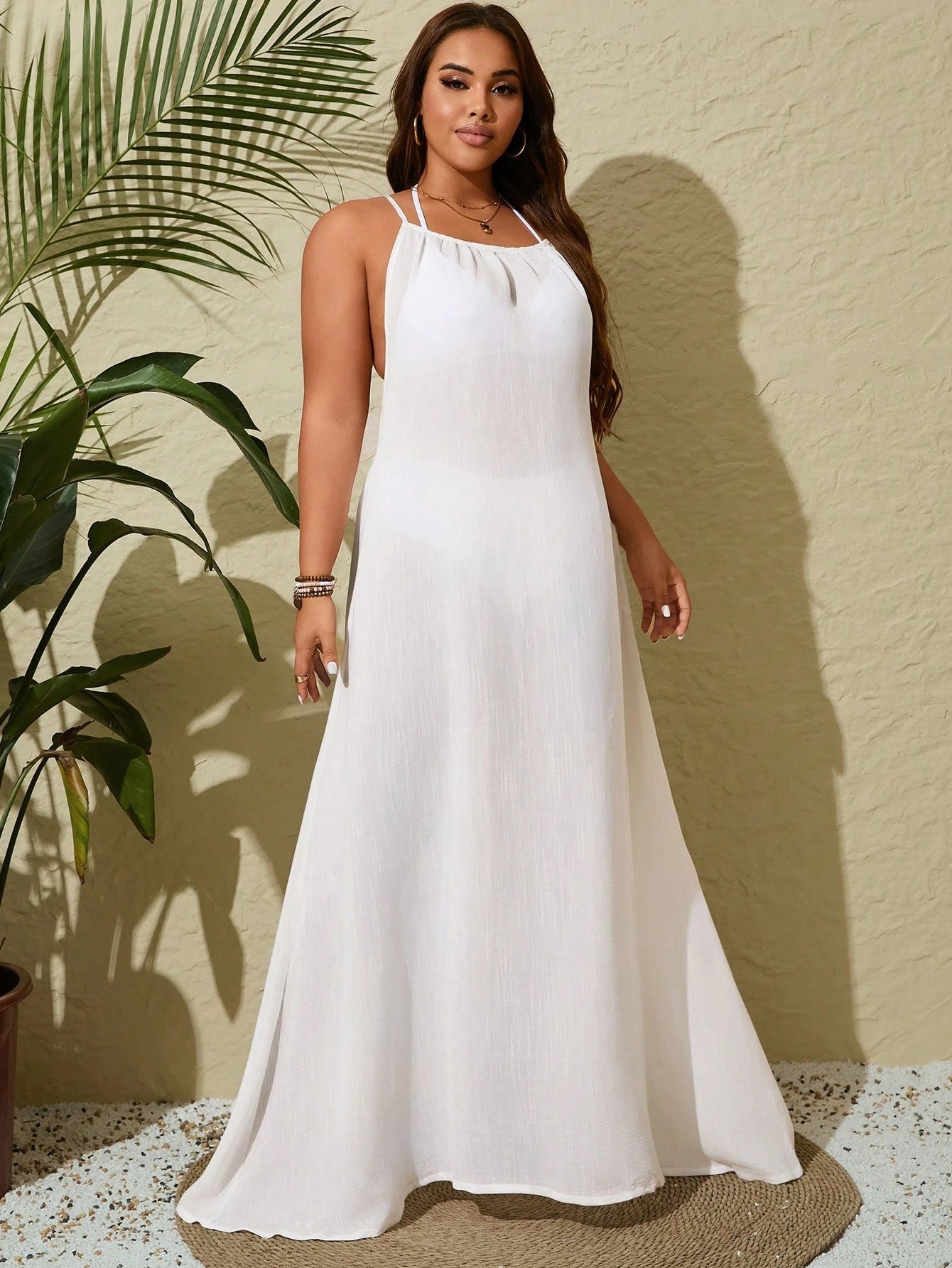 Swim Vcay Plus Size Women Solid Color Casual Long Maxi Sleeveless Coverup Dress Summer