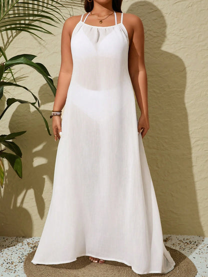Swim Vcay Plus Size Women Solid Color Casual Long Maxi Sleeveless Coverup Dress Summer