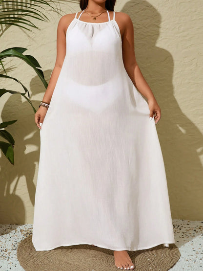 Swim Vcay Plus Size Women Solid Color Casual Long Maxi Sleeveless Coverup Dress Summer
