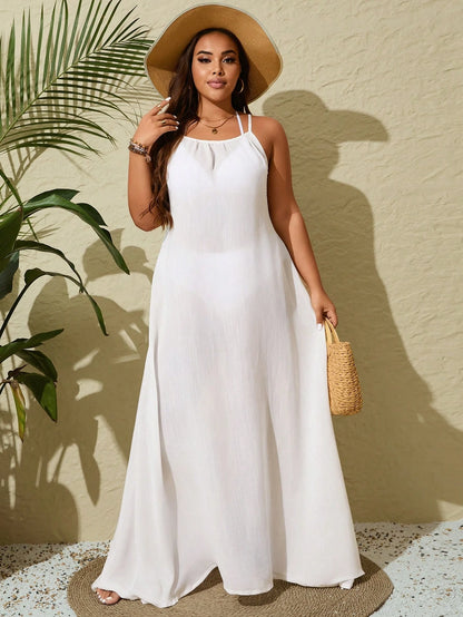 Swim Vcay Plus Size Women Solid Color Casual Long Maxi Sleeveless Coverup Dress Summer