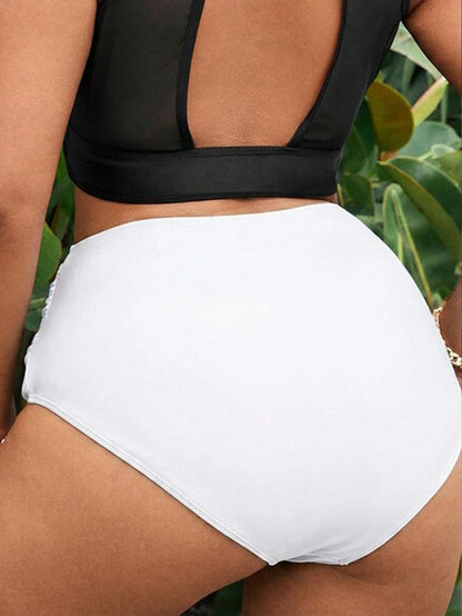 Swim Vcay Plus Size Women Solid Color Ruched Bikini Bottom, Suitable For Summer Vacation Beach Vacation White