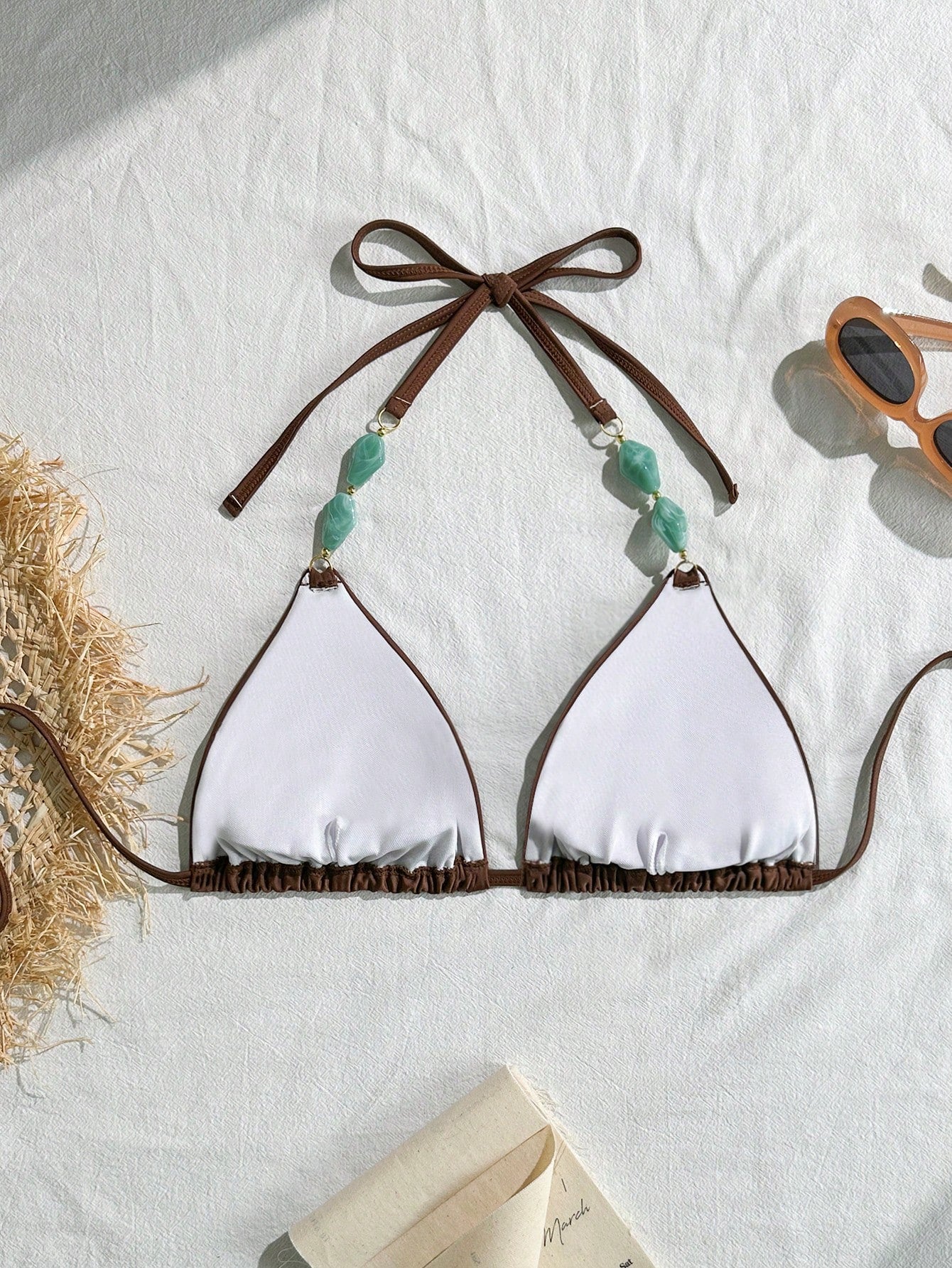 Swim Vcay Plus Size Women Vintage Brown Gemstone Halter Bikini Top, Suitable For Beach Holiday