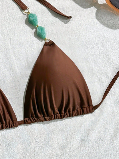 Swim Vcay Plus Size Women Vintage Brown Gemstone Halter Bikini Top, Suitable For Beach Holiday