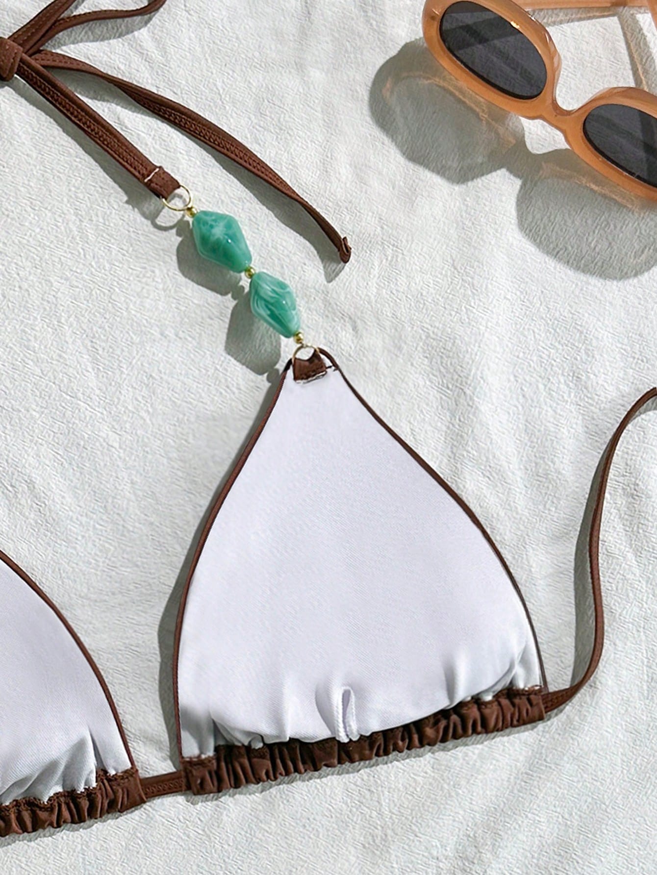 Swim Vcay Plus Size Women Vintage Brown Gemstone Halter Bikini Top, Suitable For Beach Holiday