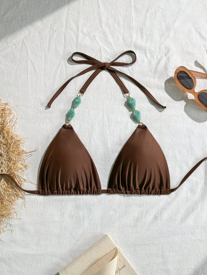 Swim Vcay Plus Size Women Vintage Brown Gemstone Halter Bikini Top, Suitable For Beach Holiday