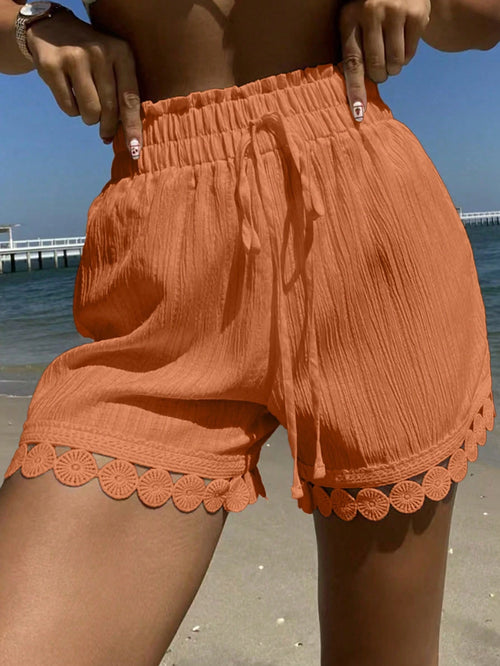 Swim Vcay Summer Clothes 1 PiecesWomen Beach Vacation Outfits: Lace Trim Tie Waist Cover Up, Swimsuit Top, Shorts