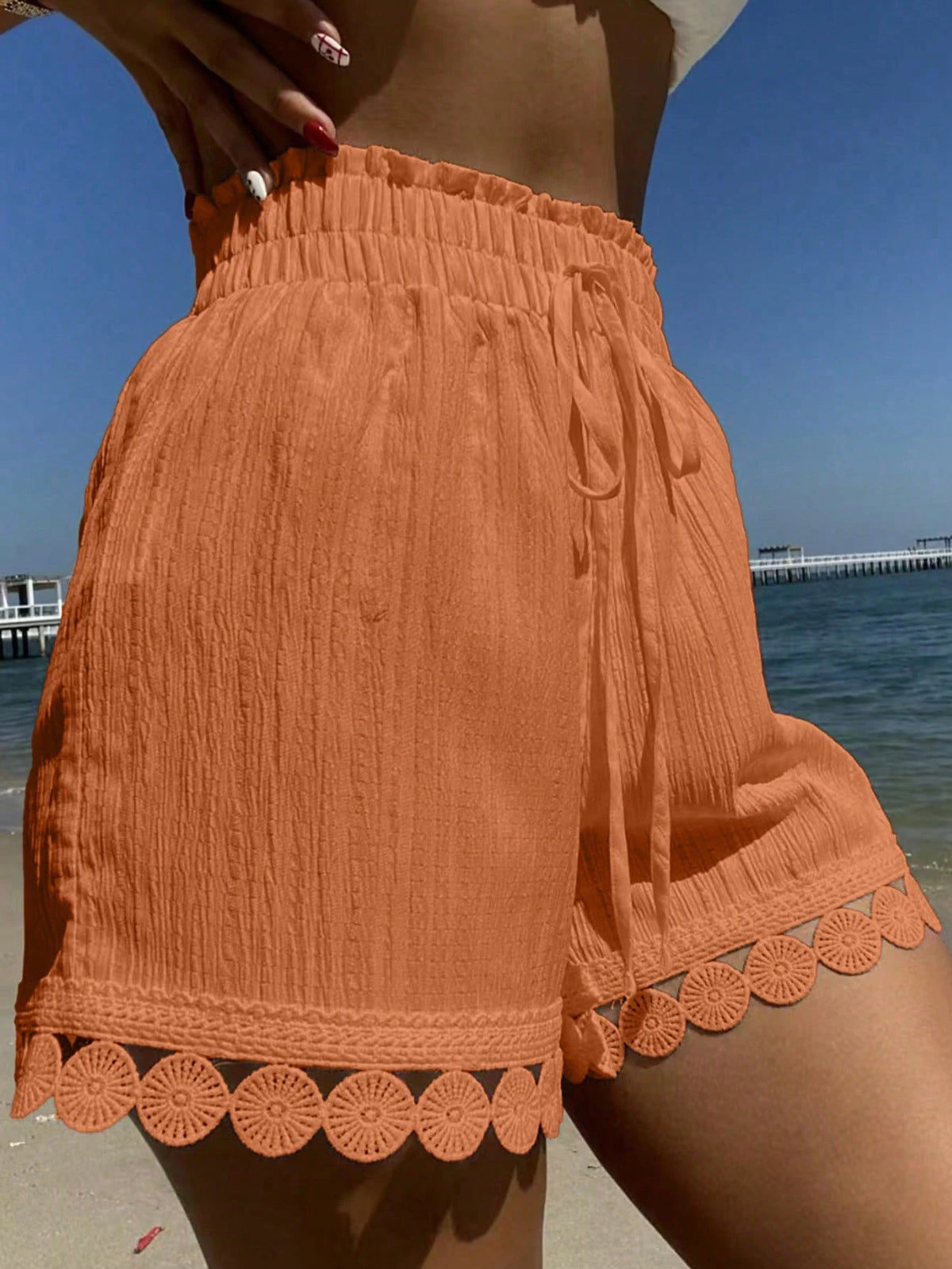 Swim Vcay Summer Clothes 1 PiecesWomen Beach Vacation Outfits: Lace Trim Tie Waist Cover Up, Swimsuit Top, Shorts