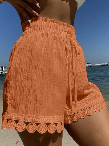 Swim Vcay Summer Clothes 1 PiecesWomen Beach Vacation Outfits: Lace Trim Tie Waist Cover Up, Swimsuit Top, Shorts