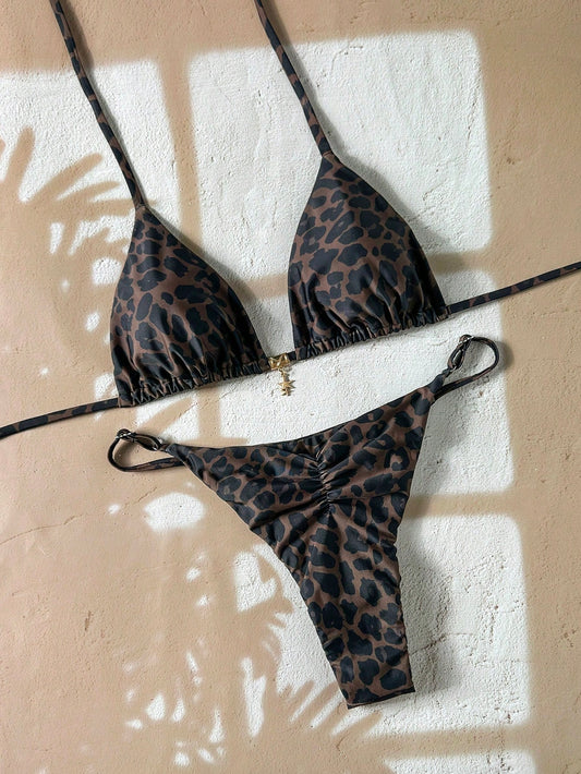 Swim Vcay Women's Leopard Print Halter Neck Bikini Set,Includes Triangle Top And Adjustable Bottom,Chocolate Brown Summer Casual Beach Holiday Vacation
