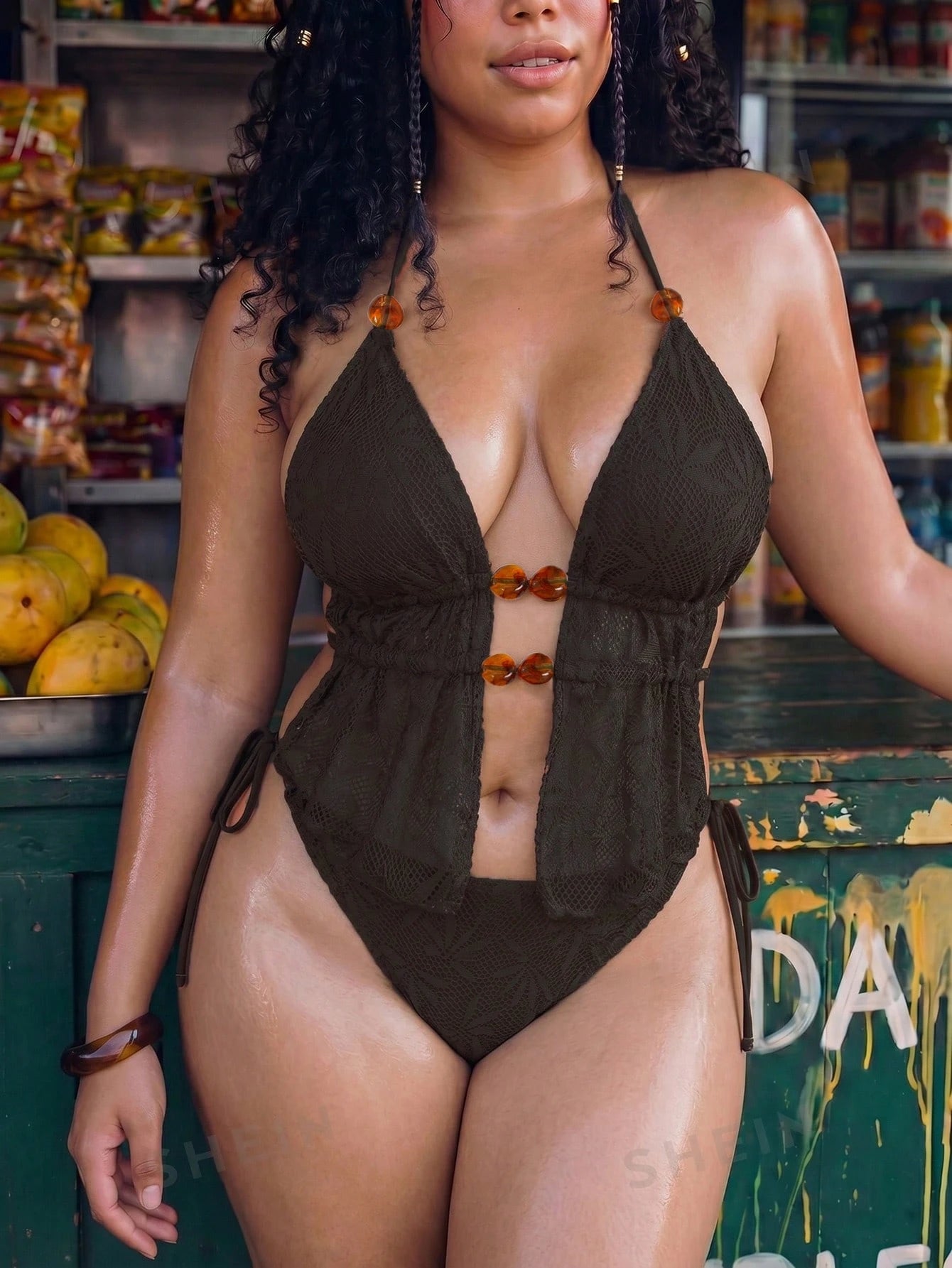 Swim Vcay Women's Solid Color Halter Neck Drawstring Side Beach Swimwear Set, Plus Size (Accessory Random)