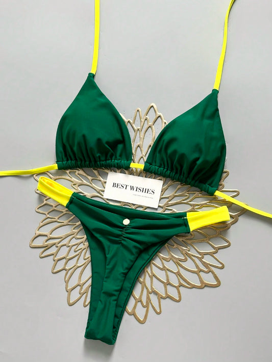 Swim Vcay Women's Spring/Summer Beach Vacation Green And Yellow, Thong Bikini Set With Back Ruched Detail And Metal Tag, Carnival Music Festival Party Sexy