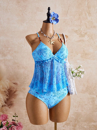 Swim Vcay Women's Summer Beach Casual Vacation Random Print Beaded Decor Camisole & Bikini Set