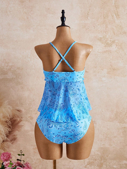 Swim Vcay Women's Summer Beach Casual Vacation Random Print Beaded Decor Camisole & Bikini Set