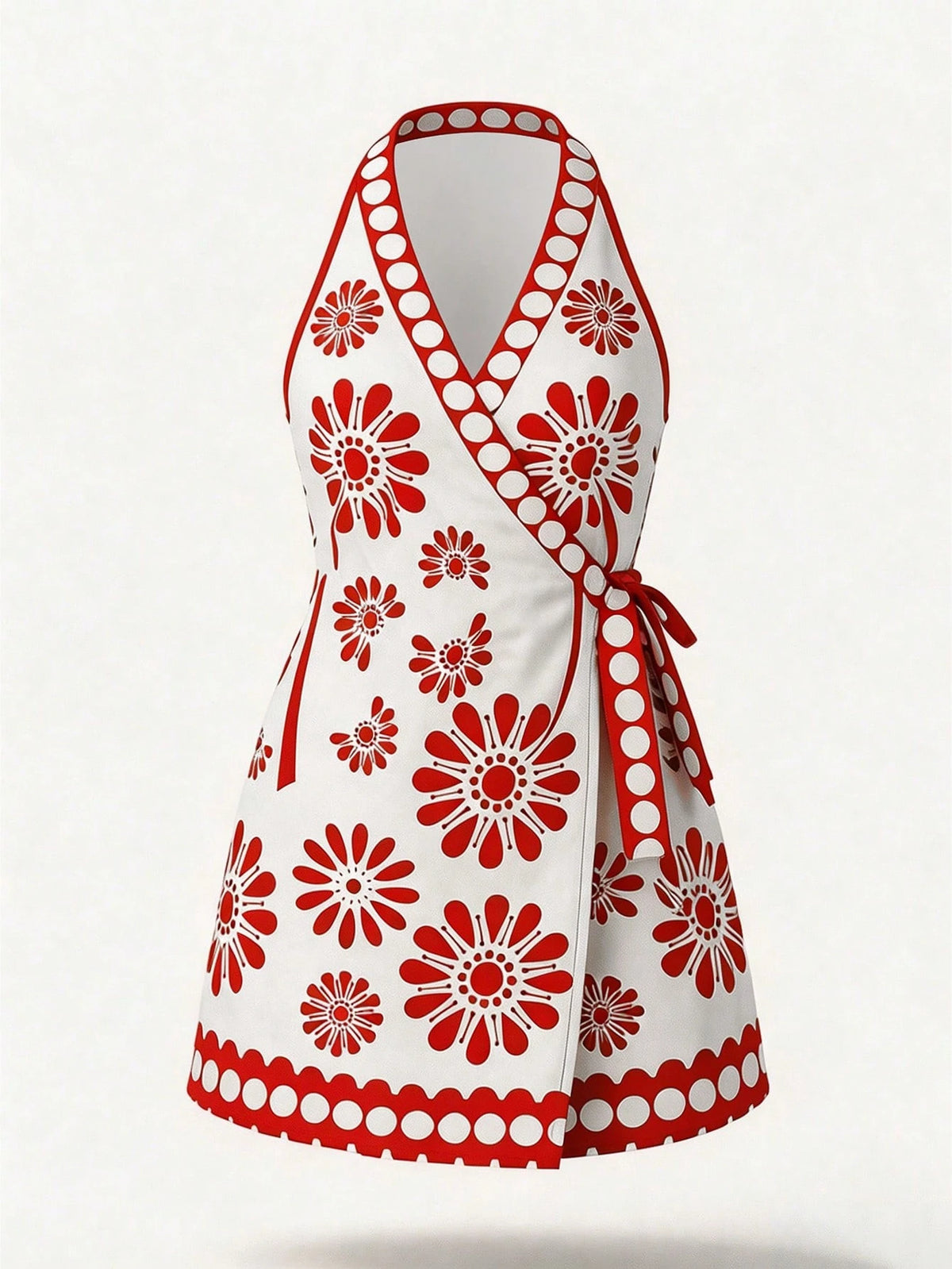 Swim Vcay Women's Summer Beach Vacation Dopamine Floral Digital Print Front Open Tie Waist Kimono Dress Red And White Polka Dot Sexy Breezy