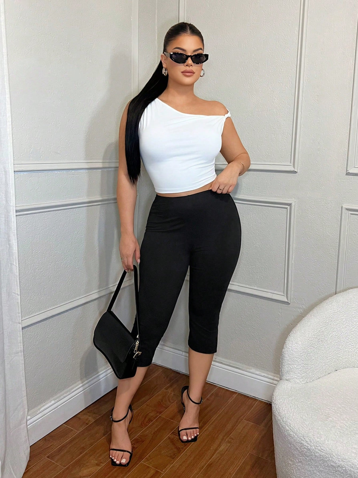 SXY 2-Pack Women's 95% Cotton Capri Leggings,White And Black Solid Casual Slim Fit Split-Hem Pants,Summer Gym Workout Yoga,Business Office Elegant Wear
