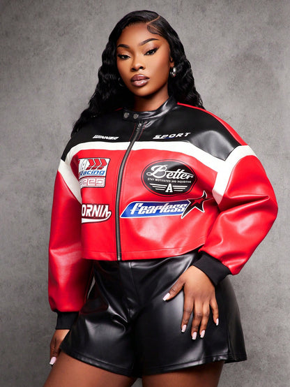 SXY Plus Size Women's Black And Red Letter Pattern Color Block PU Leather Racing Jacket,Gothic Short Moto Jacket,Autumn Motorcycle Pilot Coat Winter