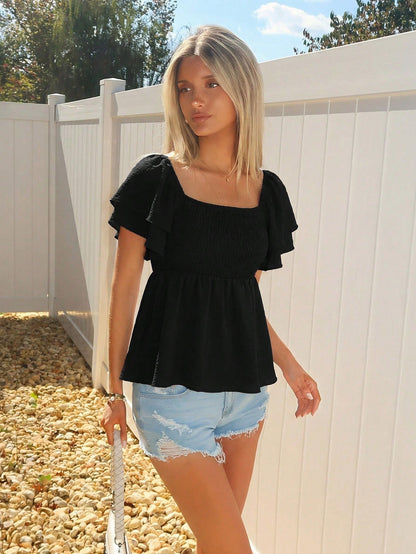 Sydney Algeri Square Collar Crop Top With Ruched Hem And Layered Flutter Sleeves In Black Peplum Top