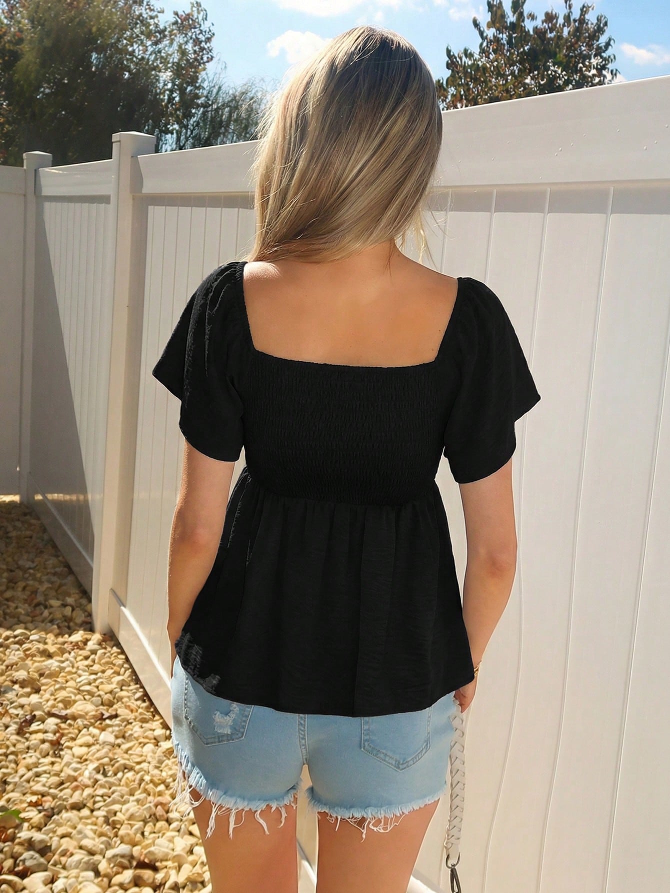 Sydney Algeri Square Collar Crop Top With Ruched Hem And Layered Flutter Sleeves In Black Peplum Top