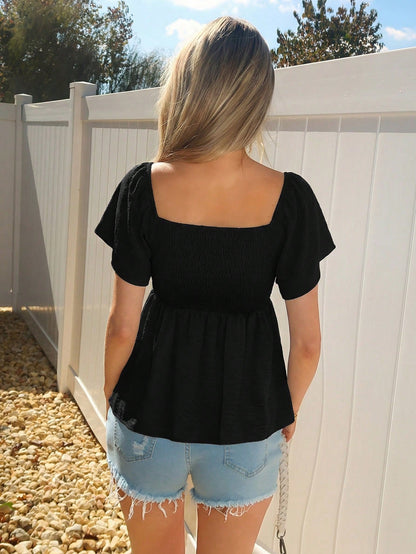 Sydney Algeri Square Collar Crop Top With Ruched Hem And Layered Flutter Sleeves In Black Peplum Top
