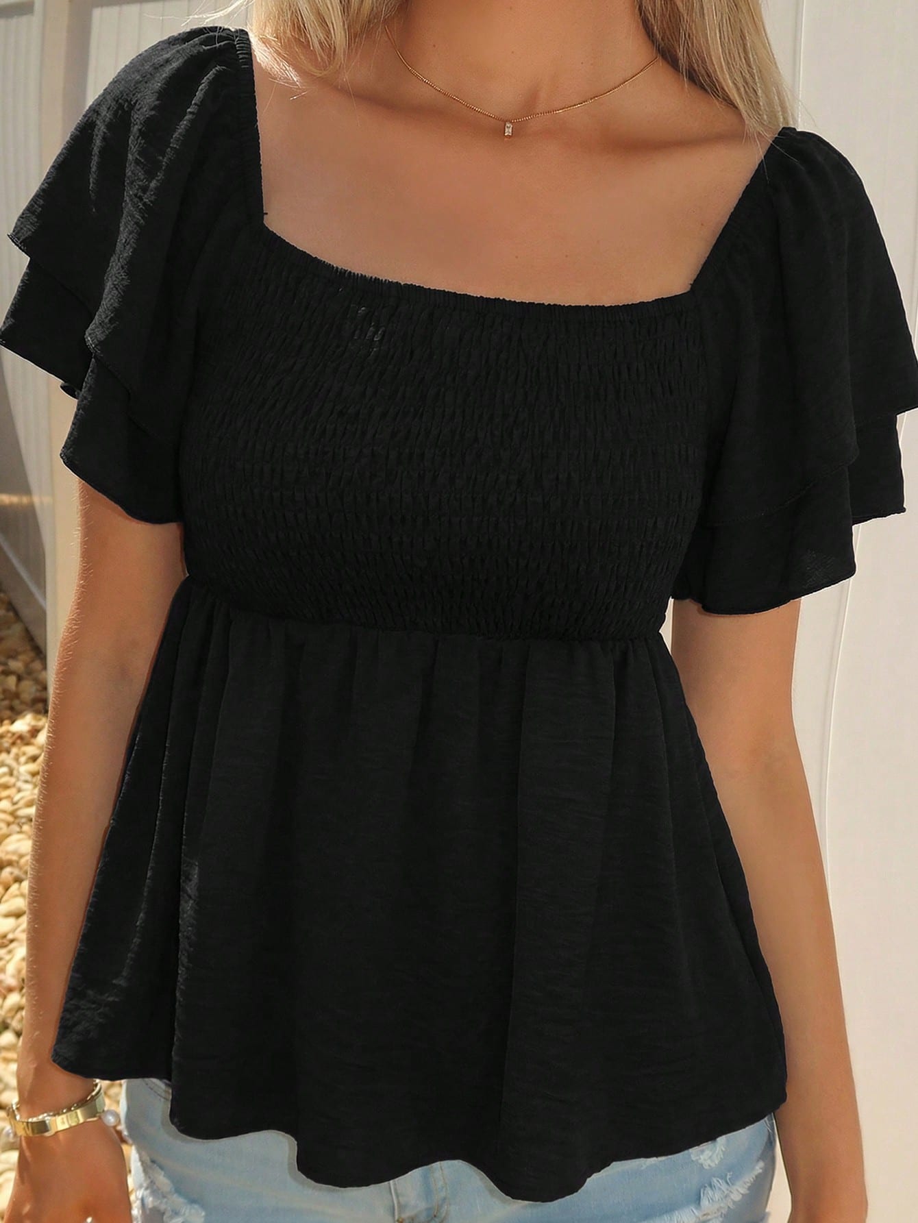 Sydney Algeri Square Collar Crop Top With Ruched Hem And Layered Flutter Sleeves In Black Peplum Top