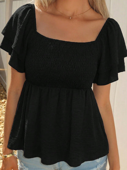Sydney Algeri Square Collar Crop Top With Ruched Hem And Layered Flutter Sleeves In Black Peplum Top
