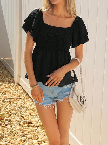 Sydney Algeri Square Collar Crop Top With Ruched Hem And Layered Flutter Sleeves In Black Peplum Top