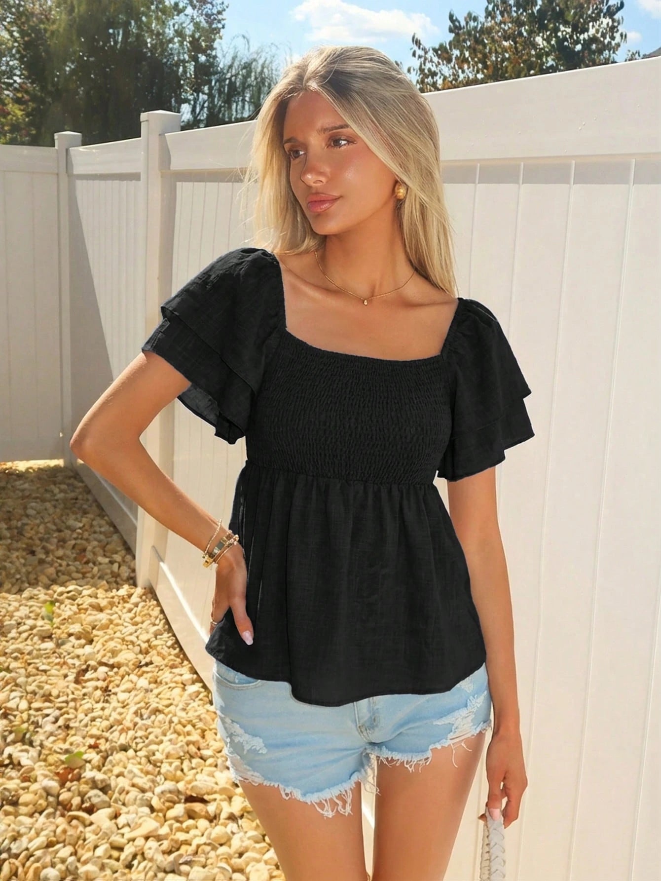Sydney Algeri Square Collar Crop Top With Ruched Hem And Layered Flutter Sleeves In Black Peplum Top