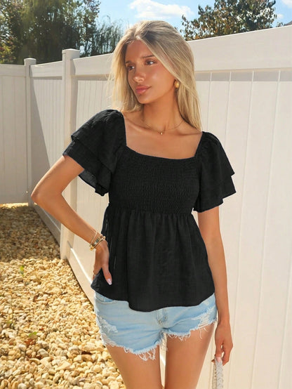 Sydney Algeri Square Collar Crop Top With Ruched Hem And Layered Flutter Sleeves In Black Peplum Top