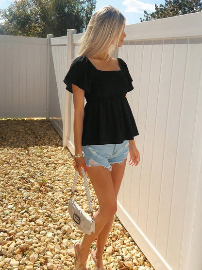 Sydney Algeri Square Collar Crop Top With Ruched Hem And Layered Flutter Sleeves In Black Peplum Top