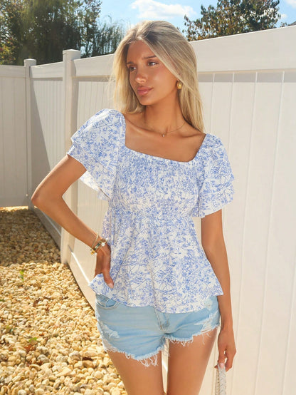Sydney Algeri Square Collar Crop Top With Ruched Hem And Layered Flutter Sleeves In Black Peplum Top