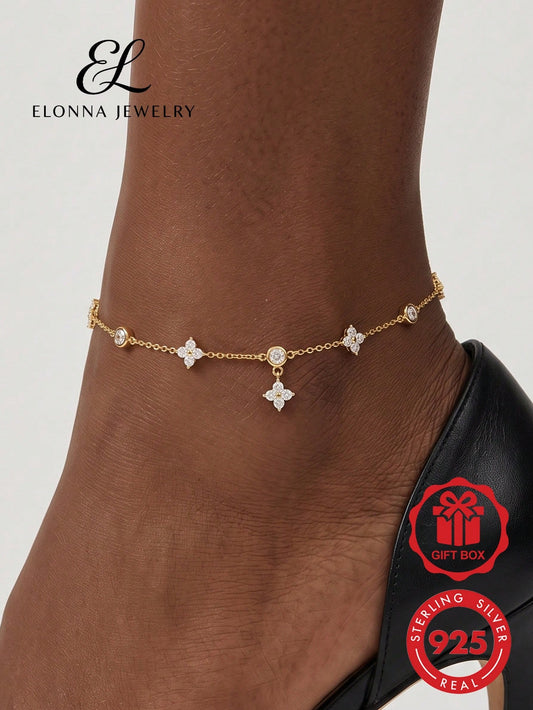 SYMFNY A 925 Sterling Silver Four-Leaf Clover Pendant Anklet With Cubic Zirconia-The Perfect Accessory For Women Heading Out To The Beach Or On Vacation