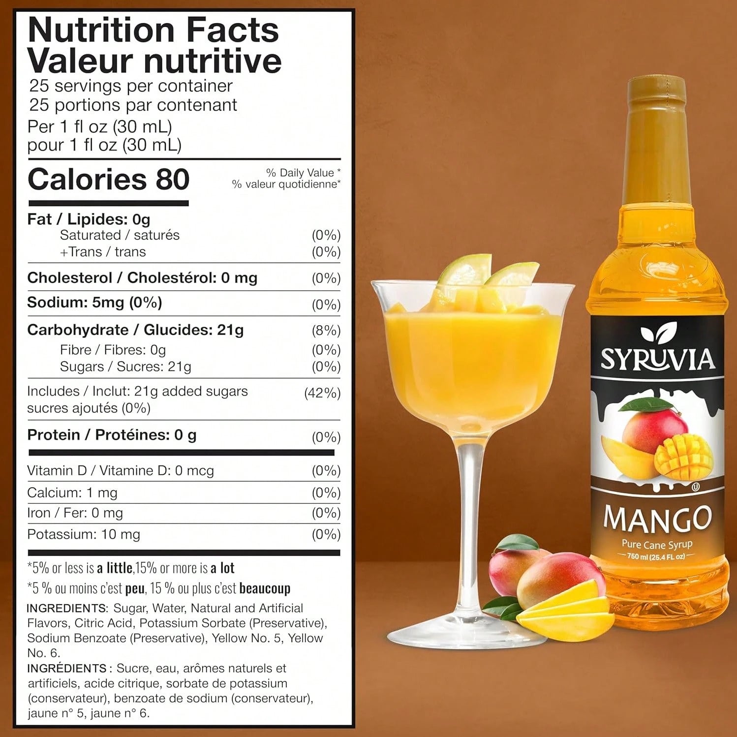 Syruvia Mango Syrup- Premium Flavoring Syrup For Tea, Italian Sodas, Beverages, Desserts, Ice Cream, Cocktails & Mocktails- Kosher, Gluten Free- 25.4 Fl Oz.