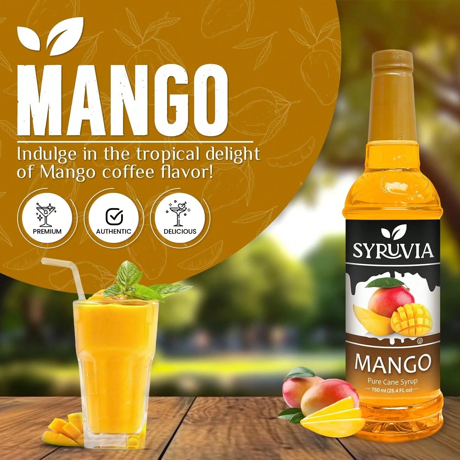 Syruvia Mango Syrup- Premium Flavoring Syrup For Tea, Italian Sodas, Beverages, Desserts, Ice Cream, Cocktails & Mocktails- Kosher, Gluten Free- 25.4 Fl Oz.