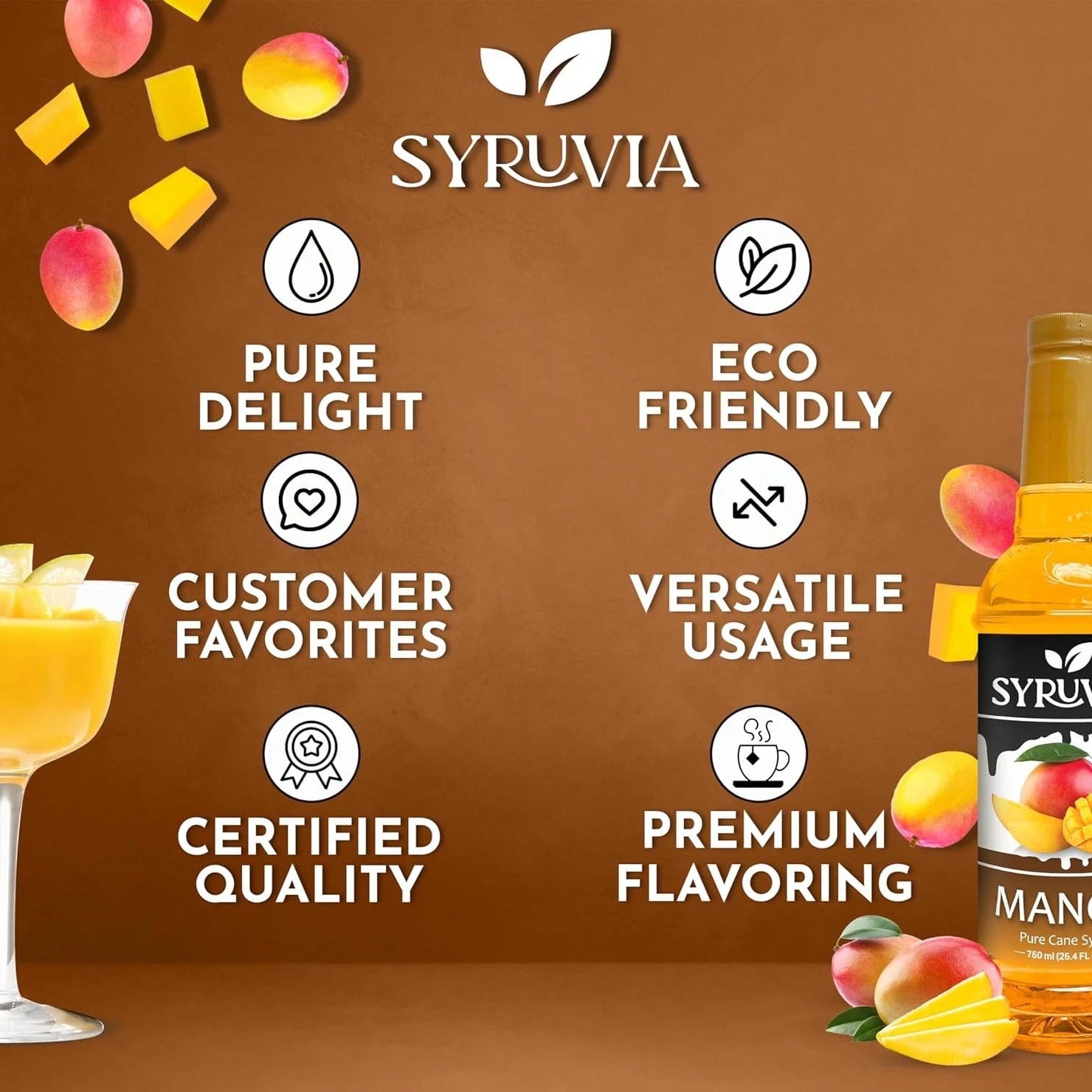 Syruvia Mango Syrup- Premium Flavoring Syrup For Tea, Italian Sodas, Beverages, Desserts, Ice Cream, Cocktails & Mocktails- Kosher, Gluten Free- 25.4 Fl Oz.