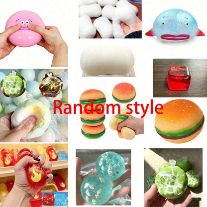Takara Tomy 1pc Mixed Style Stress Relief Squeeze Toy Mystery Blind Box, Includes Transparent Jelly Bear, Glitter Jellyfish, Fluid Water Drop Ball, Pearlescent Small Bowl, Realistic Pizza Cake, Funny