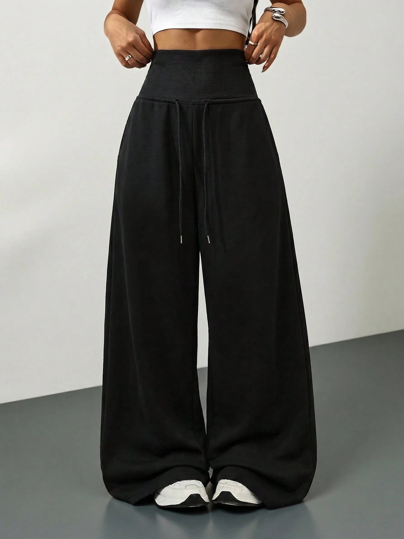 Tall Grey Knit Fleece Drawstring Waist Loose Sweatpants, Winter Graduation,Back To School Outfits,Graduation,Teacher For Women,Back Fall Cloth, Tall Women