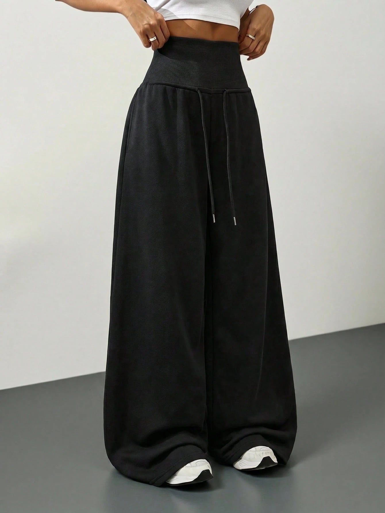 Tall Grey Knit Fleece Drawstring Waist Loose Sweatpants, Winter Graduation,Back To School Outfits,Graduation,Teacher For Women,Back Fall Cloth, Tall Women