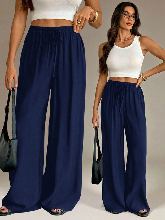 Tall Navy Blue Summer Casual City Break Women's Wide Leg Pants,Elegant High Waist Straight Leg Trousers,Business Office Work Clothes,Vacation Streetwear, Tall Women