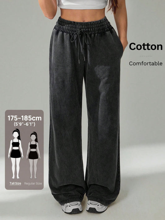 Tall Relaxed-Fit Grey Plain Pants With Pocket Detail In Stretch Knitted Fabric For Everyday Wear Drawstring, Summer Clothes For Women, Tall Gym Casual