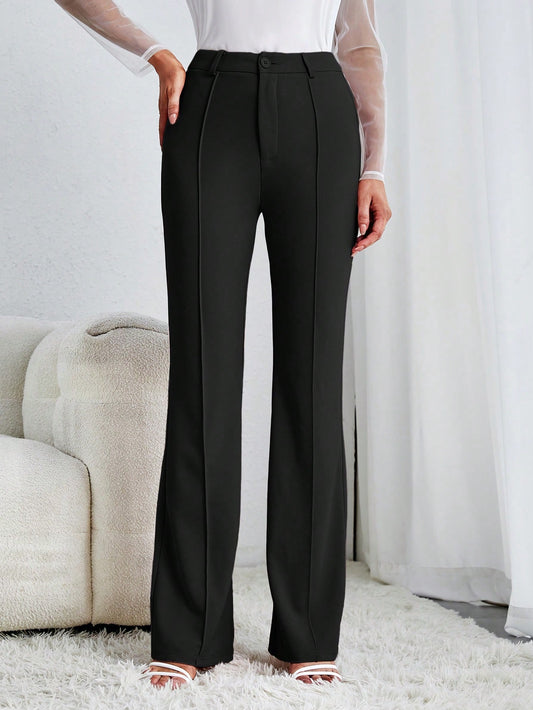 Tall Solid Flare Leg Pants,Ladies Spring/Fall Elegant Button High Waist Flare Leg Extra Long Black Skinny Women Pants,Professional/Business Attire/Workwear, Tall Women