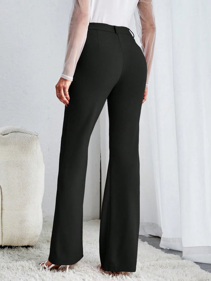 Tall Solid Flare Leg Pants,Ladies Spring/Fall Elegant Button High Waist Flare Leg Extra Long Black Skinny Women Pants,Professional/Business Attire/Workwear, Tall Women