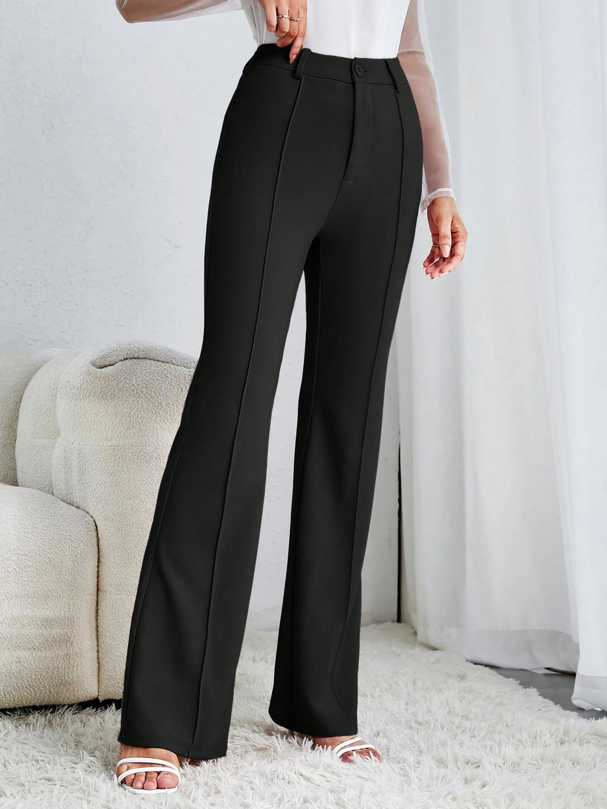 Tall Solid Flare Leg Pants,Ladies Spring/Fall Elegant Button High Waist Flare Leg Extra Long Black Skinny Women Pants,Professional/Business Attire/Workwear, Tall Women