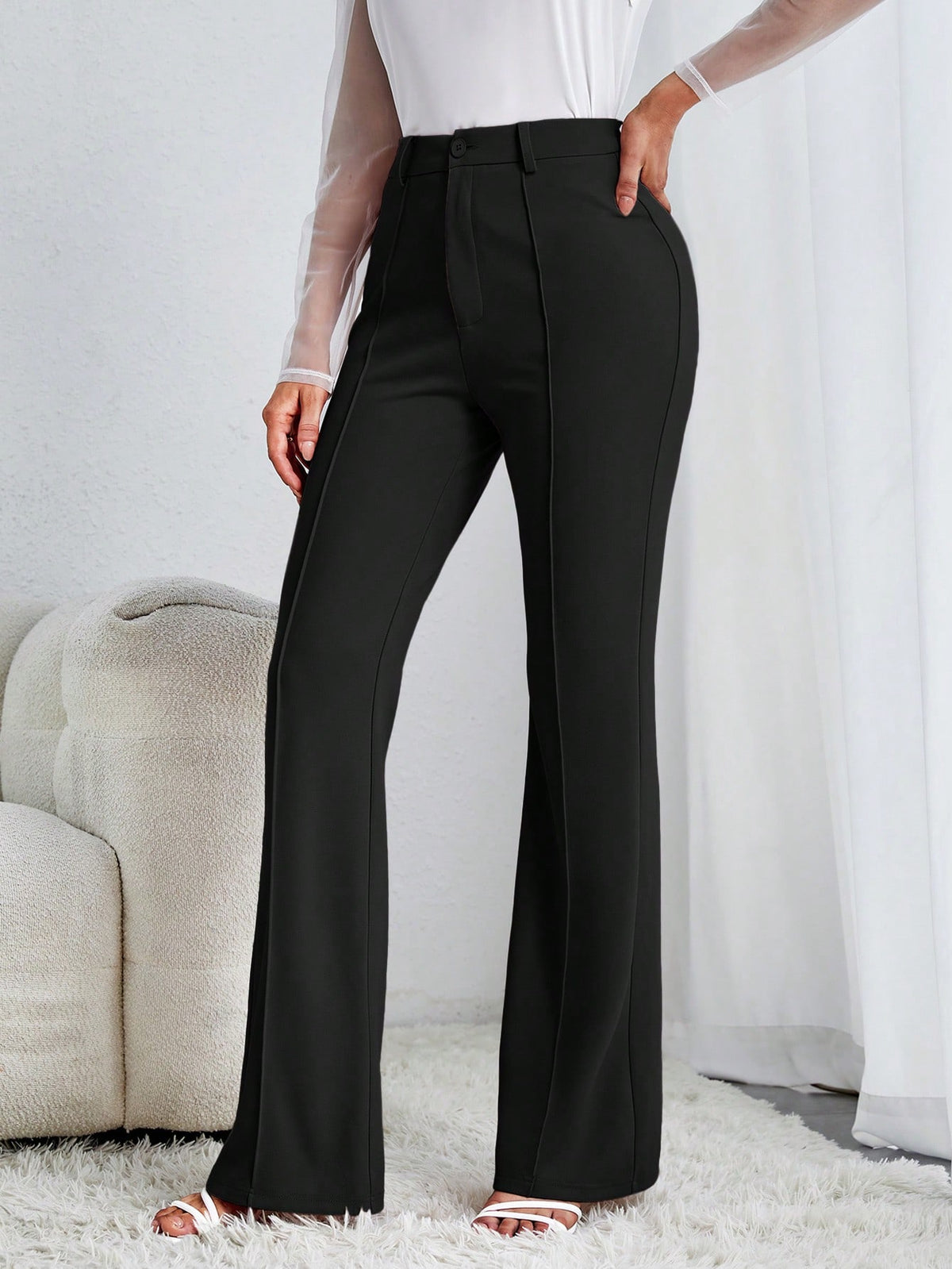 Tall Solid Flare Leg Pants,Ladies Spring/Fall Elegant Button High Waist Flare Leg Extra Long Black Skinny Women Pants,Professional/Business Attire/Workwear, Tall Women