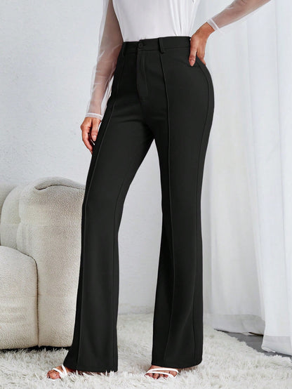 Tall Solid Flare Leg Pants,Ladies Spring/Fall Elegant Button High Waist Flare Leg Extra Long Black Skinny Women Pants,Professional/Business Attire/Workwear, Tall Women