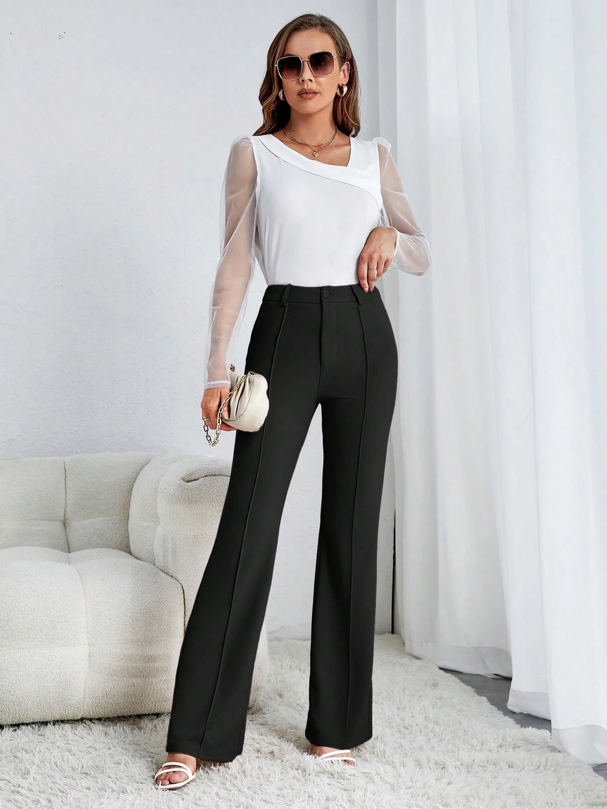 Tall Solid Flare Leg Pants,Ladies Spring/Fall Elegant Button High Waist Flare Leg Extra Long Black Skinny Women Pants,Professional/Business Attire/Workwear, Tall Women