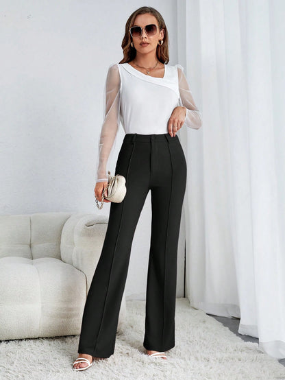 Tall Solid Flare Leg Pants,Ladies Spring/Fall Elegant Button High Waist Flare Leg Extra Long Black Skinny Women Pants,Professional/Business Attire/Workwear, Tall Women